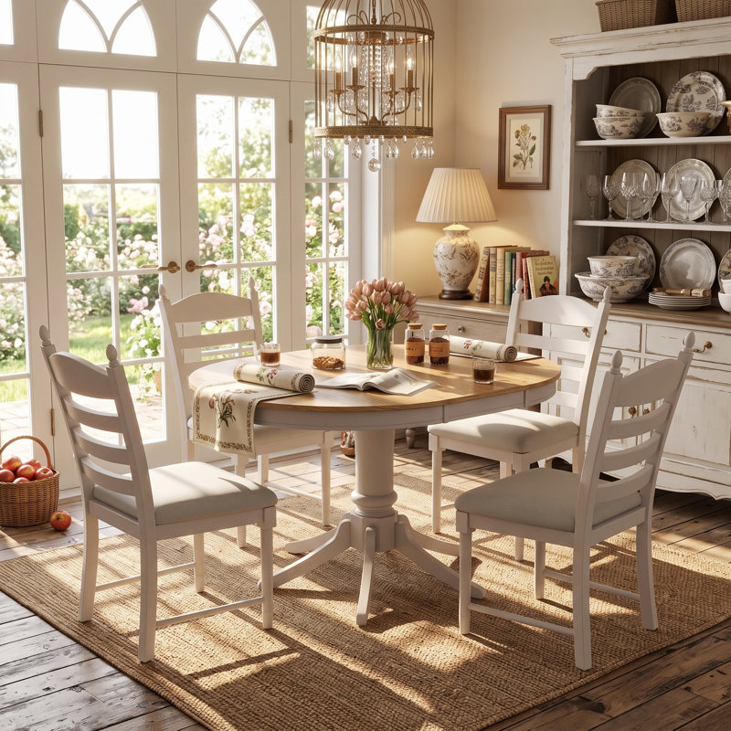 Ensemble de table de salle à manger à piédestal rétro pour 4 personnes avec chaises à dossier échelle rembourrées, ensemble de salle à manger en bois massif 5 pièces