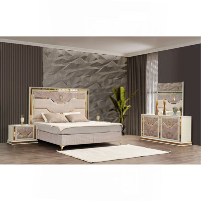 Ensemble de chambre à coucher grand lit 4 pièces de style moderne avec accents de bois et dorés beiges