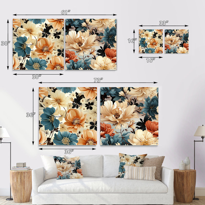 «Blue and Beige Coastal Tranquil Florals Collage Unveile», ensemble de 2 peintures murales en acrylique, H 36 po x l 73 po