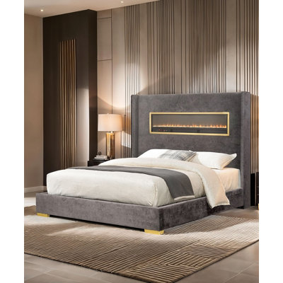 Lit King Size gris de style contemporain, revêtu de tissu, mobilier de chambre à coucher, magnifique cadre de lit plateforme
