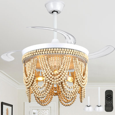 Dayzhane 42 Inch Farmhouse Boho Retractable Ceiling Fan with Light, 6-Speed Wood Beaded Ceiling Fan with Remote Control