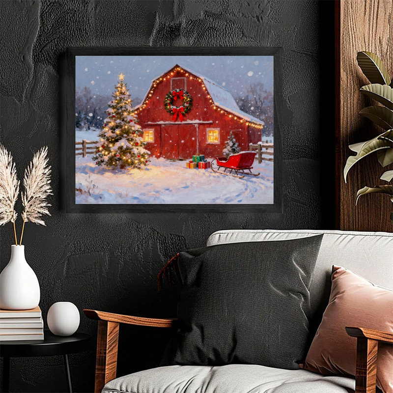 Art mural de ferme rustique noir encadré - charmante grange et arbre, décorations festives, impressions encadrées