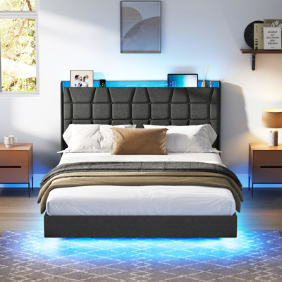 Floating Bed Frame with LED Lights, Charging Station, Tufted Storage Headboard, No Box Spring Needed