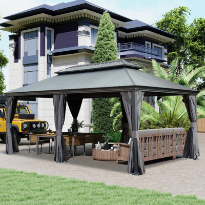 12'X20' Hardtop Gazebo With Resin Roof, Outdoor Metal Gazebo With Drainage Gutters, Permanent Heavy Duty Pavilion For Patio, Backyard And Deck, Curtains And Mosquito Netting Included