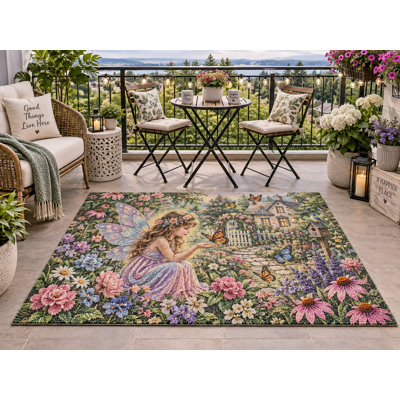 5' x 7' Outdoor Area Rug Fairy Butterfly Cottage Garden Heavyweight Solid Waterproof PVC Coil Loop Carpet, Heavy Duty Patio Rug, Quick Dry Indoor Outdoor Mat for Porch Balcony Entryway RV Camping