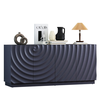 Buffet 59 po avec grain spiralé et armoire moderne à 4 portes pour le rangement de la cuisine ou du salon, bleu