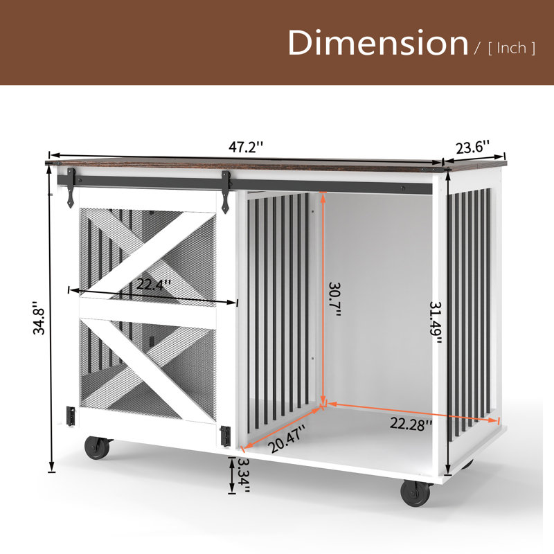 Caisse mobile pour chien 47,2 po avec porte à rabattable, système à double accès et 5 roulettes (2 verrouillables), crochets latéraux - chenil multifonctionnel pour animaux de compagnie, double cage pour chien