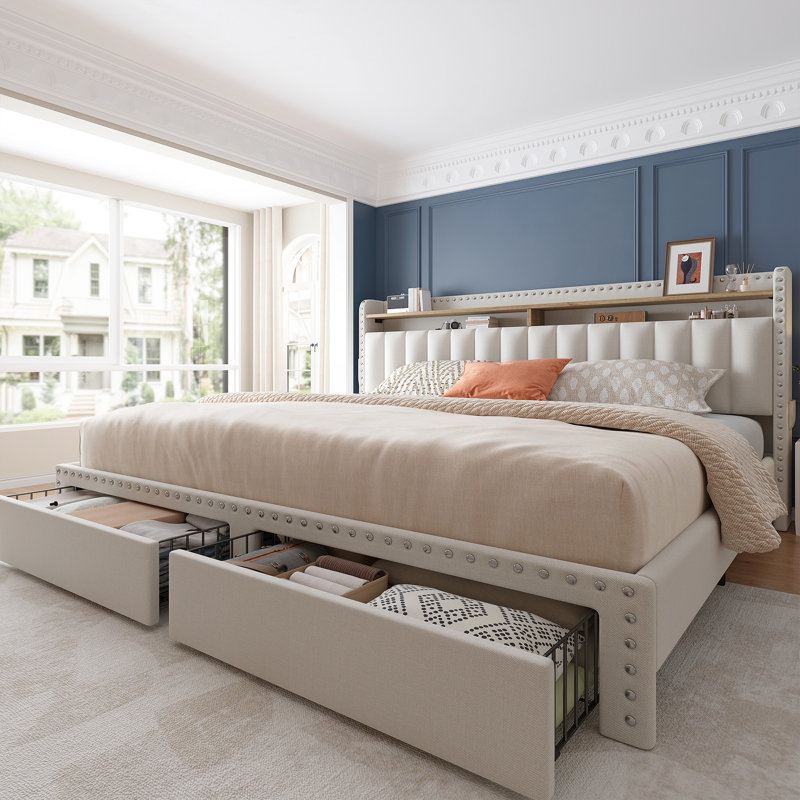 Francille Upholstered Bed Frame with Headboard，Storage Bed with 2 Drawers, King, Beige