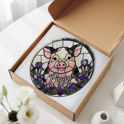 12"H Piggy Flowers Stained Glass Window Panel