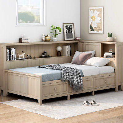 Lit de jour simple avec tablettes de rangement et 3 tiroirs, blanc antique, sans sommier