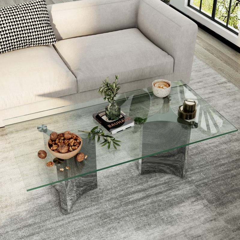 Table basse de salon en verre trempé transparent de 50 pouces avec base géométrique argentée en miroir