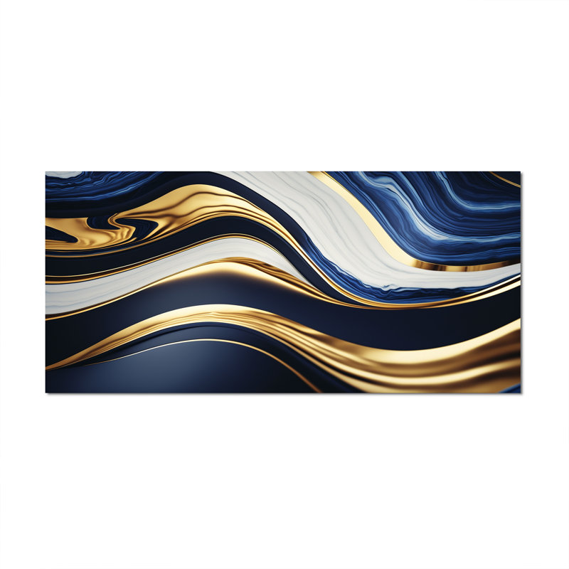 Géode abstraite des vagues bleues et dorées - impressions sur toile abstraites, Toile tendue, H 28 po x l 60 po x P 1,5 po