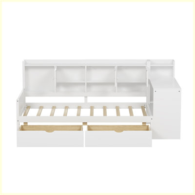 Wooden L-Shape Daybed with Seven Storage Cabinets and Two Storage Drawers, Multi-functional Bed with Study Desk and Built-in Bookshelf