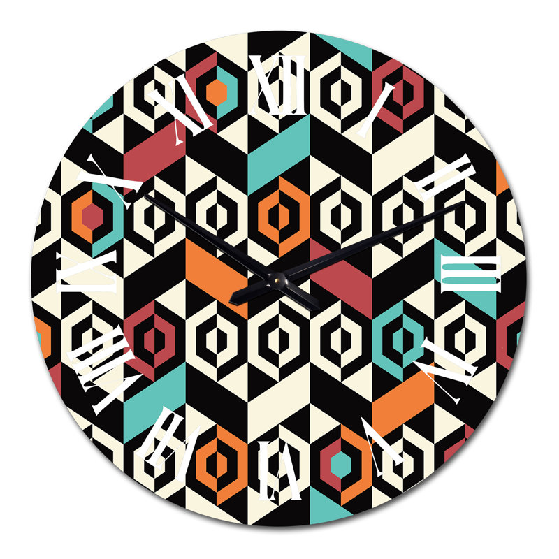 Horloge murale à motif géométrique bleu, rouge et orange I, Grand
