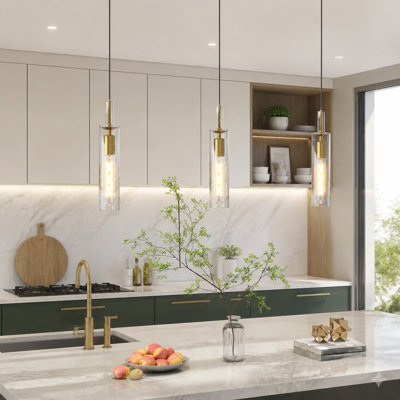 Luminaires suspendus dorés, ensemble de 3 luminaires suspendus modernes avec abat-jour en verre transparent rayé, luminaires suspendus pour îlot de cuisine, luminaire suspendu de style campagnard pour salle à manger et salle de bain
