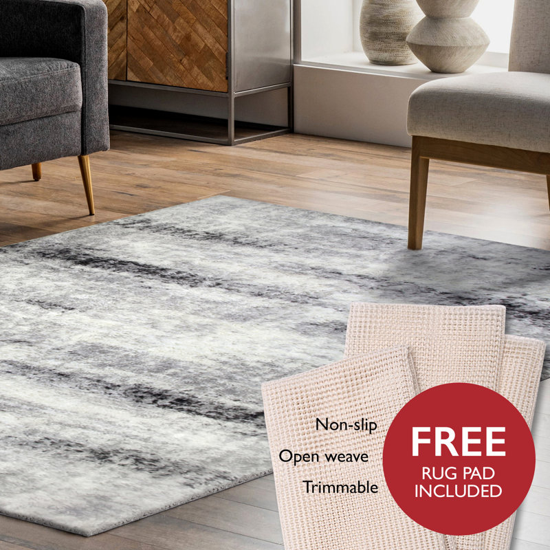 Everist Rectangle Abstract Machine Woven Polypropylene Area Rug in Grey with Rug Pad Included, Rectangle 5'3" x 7'7"
