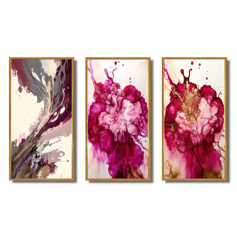 «Celebration In Raspberry Blush», 3 pièces sur toile, Or, H 28 po x l 36 po