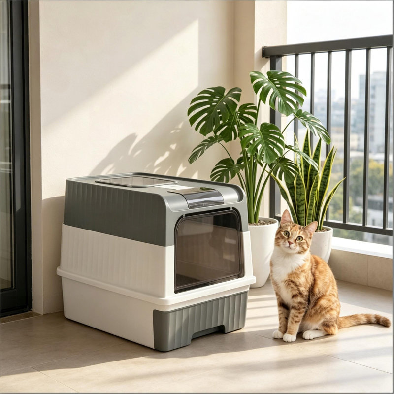 Litière compacte pour chat, entièrement fermée avec sortie supérieure (gris)