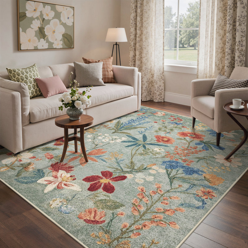 Abbey Botanical Heritage Machin Washable Area Rug - 22th-Century English Garden Inspired Faux Wool - High-Rebound Foam & Non-Slip Backing