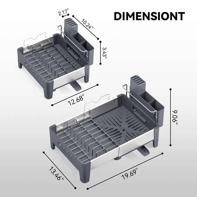 Expandable Dish Drying Rack, Stainless Steel Dish Rack with Aluminum Frame, Dish Drainer for Kitchen Counter Gray
