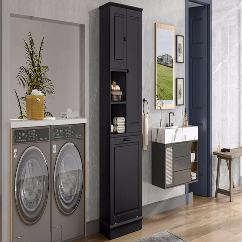 Tall Storage Cabinet With Adjustable Shelves, Large Flip-Out Basket And Enclosed Cabinets, Black
