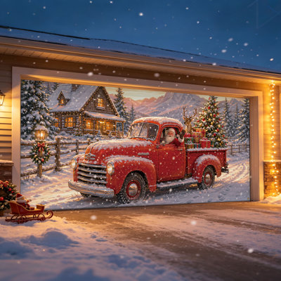 Housse de porte de garage Père Noël avec motif de camion rouge, décoration extérieure de Noël