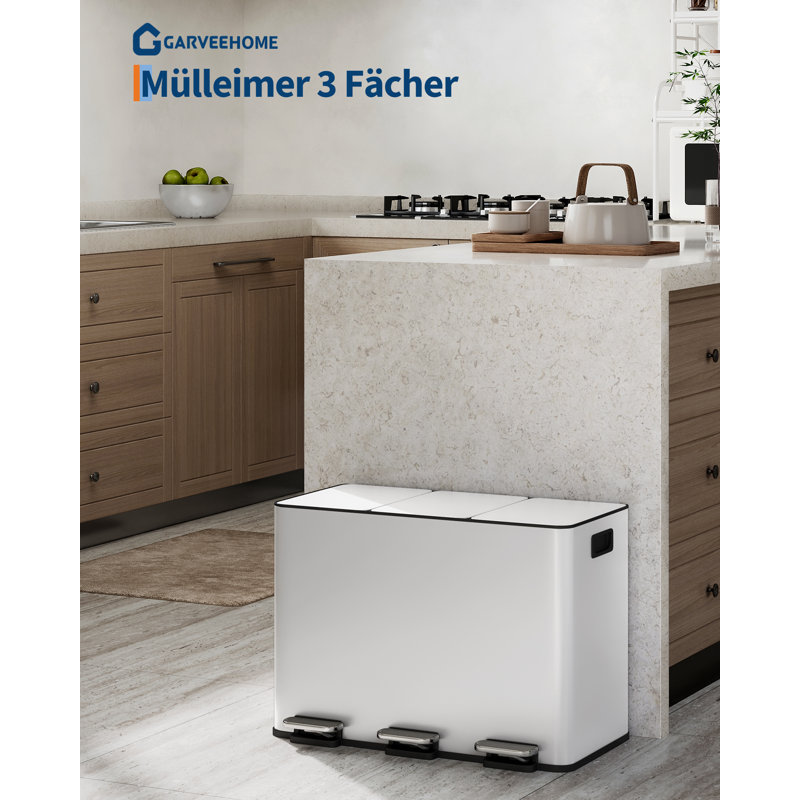 3-in-1 Stainless Steel Kitchen Pedal Bin – 45L, 3 x 15L Compartments, Soft-Close Lid, Removable Inner Bins & Handles, Space-Saving Waste Sorting, Recycling Bin
