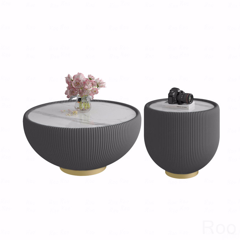 Table basse moderne en cuir clair avec dessus en marbre