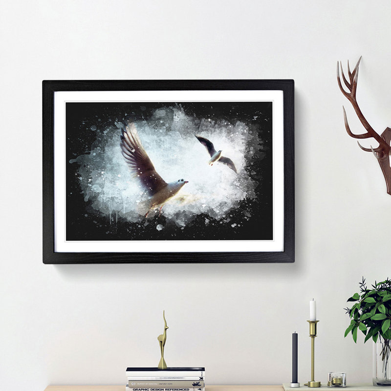 Pair of Flying Seagulls - Picture Frame Graphic Art Print, 62cm H x 87cm W x 2cm D, Black Framed