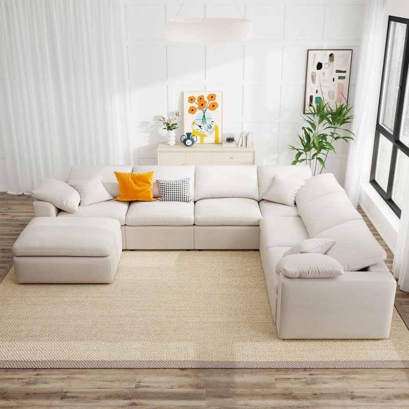 125" U-Shaped 7-Seater Modular Upholstered Corner Sectional Sofa with Movable Ottoman, For Living Room, Office and Spacious Space