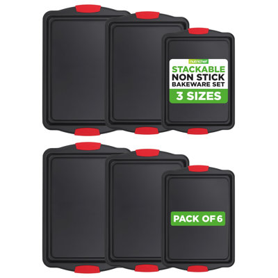 Nutrichef Nonstick Baking Pans Set – Premium Cookie Sheets For Baking, Carbon Steel Stackable Baking Trays With Red Silicone Handles, Oven Safe Pans F