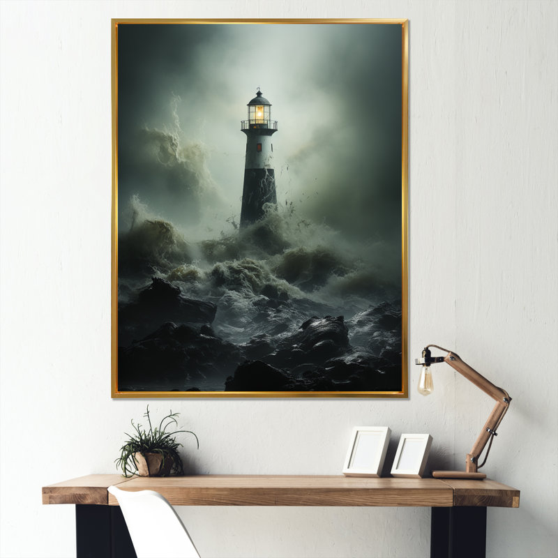 Phare aux prises avec les vagues orageuses I, Cadre flottant doré, H 20 po x l 12 po x P 1 po