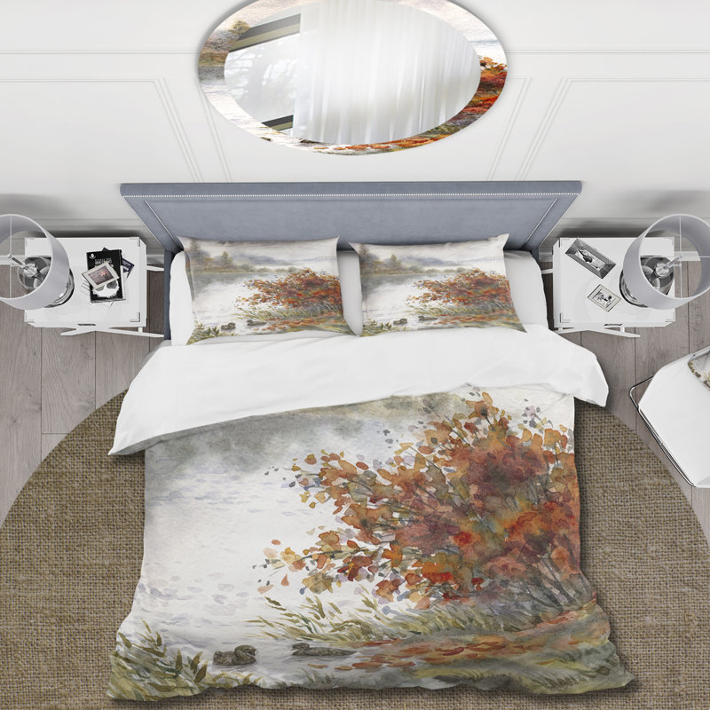 Vue du lac en automne - Ensemble de housse de couette traditionnel - Microfibre de polyester