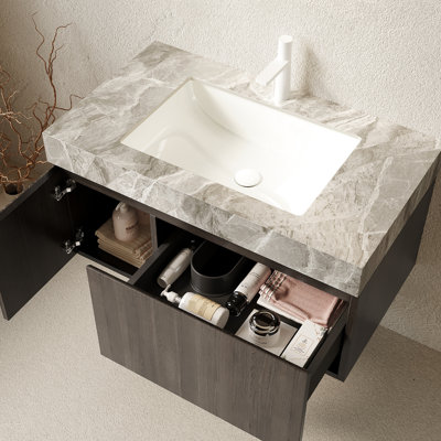 36" Bathroom Vanity & Sink, Floating Plywood Cabinet, Gray Sintered Stone, Ceramic Basin, Waterproof Door Panels, , High - Temperature , Soft Close Drawer Pre Drilled Faucet Hole, Fire ,