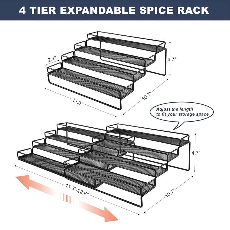 Rangement extensible pour étagère à épices à 4 niveaux avec marchepied et rampe de protection, métal noir, paquet de 2