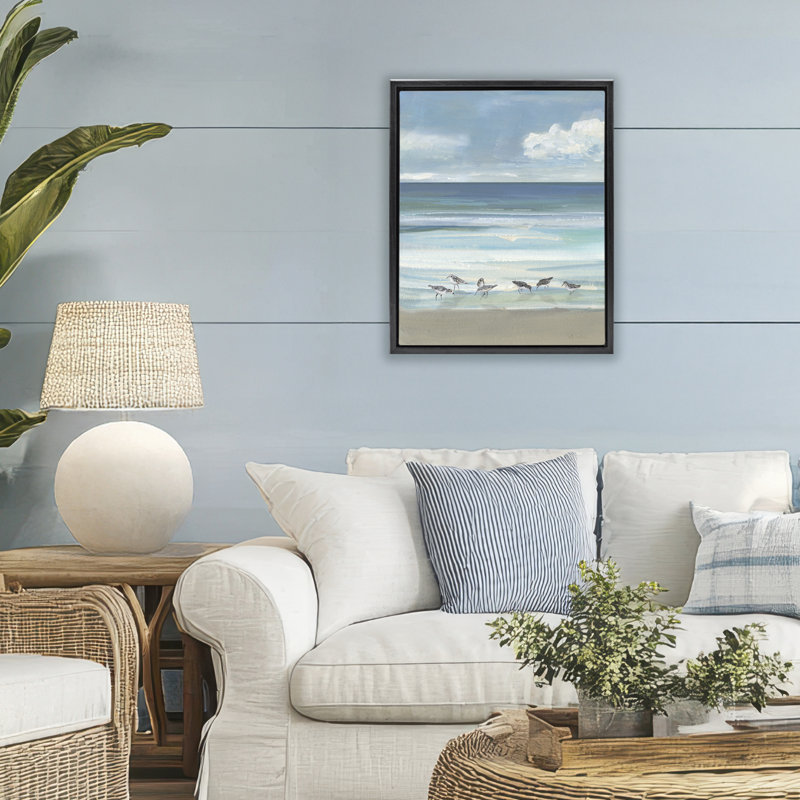 Cadre flottant Gentle Waves Shore Birds, design par Sally Swatland, H 21 po x l 17 po, Cadre flottant noir de jais