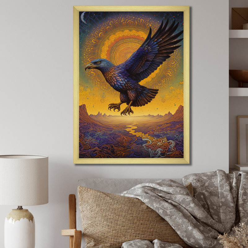 Aigle majestueux mystique au coucher du soleil I - impression, Encadrement doré, H 40 po x l 30 po x P 1,5 po