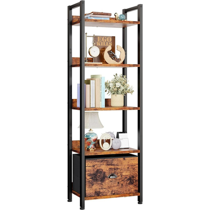Bibliothèque à 5 niveaux avec tiroir, bibliothèque industrielle étroite avec tablettes en bois et en métal pour la chambre à coucher ou le salon, brun rustique