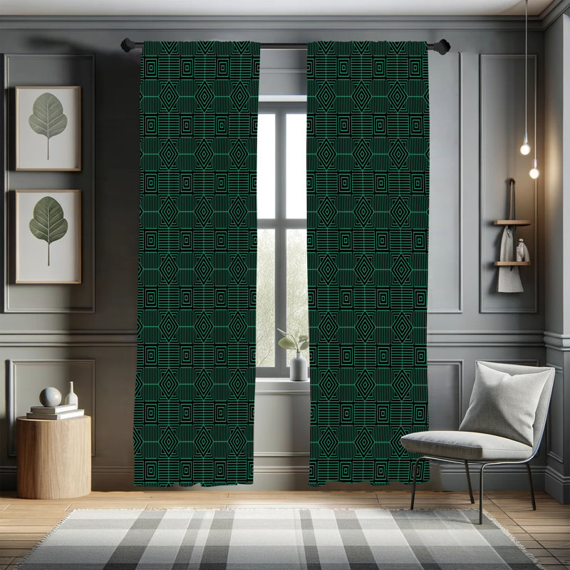 Rideaux abstraits, carrés à motif losange, paire de 28 po, gris anthracite, vert jade, L 28 po x L 84 po