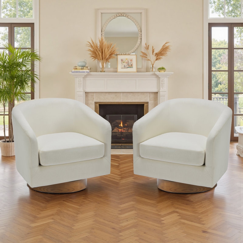 72Cm Wide Swivel Barrel Chair, Beige Linen Blend