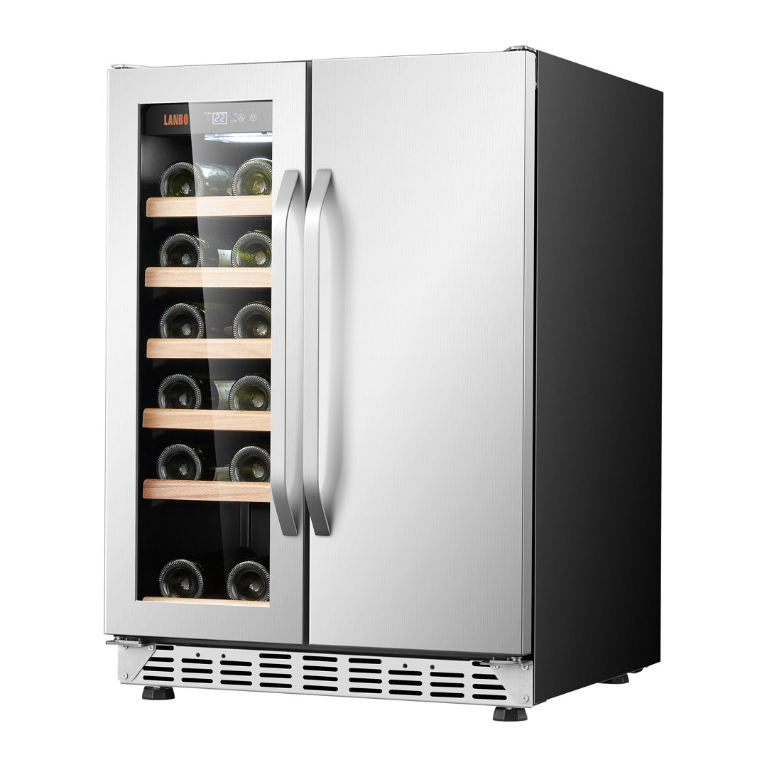 24" Dual Zone 18 Bottle Wine and 55 Can Beverage Cooler with French Door Lanbo
