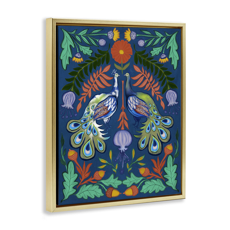 Art mural sur toile flottante en miroir, paons et botaniques, design par Elizabeth Medley, Cadre flottant gris lustré