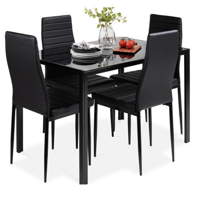 Hekimhan 5-Piece Kitchen Dining Table Set w/ Glass Tabletop, 4 Faux Leather Chairs