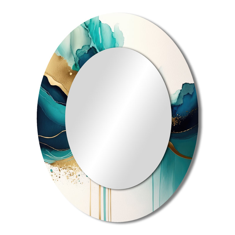 Teal And Gold Abstract Expression II - Large Oval Wall Mirror On Metal, 43" x 33"