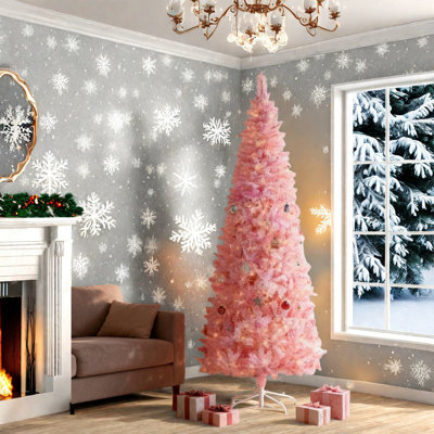 Slim Pink Flocked Christmas Tree, Pvc Steel, Modern Decor, Small Spaces
