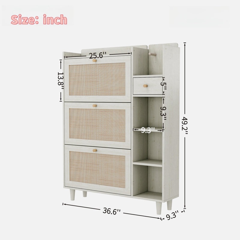 Bohemia Style Shoe Cabinet With 3 Rattan Flip Drawers, 3 Square Shelves And 1 Storage Drawer And Key Hooks, Antique White
