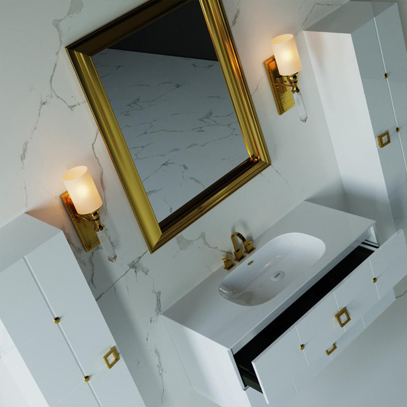 Ensemble de meuble-lavabo simple 24 po avec plateau PIAZZA, Blanc, Blanc, Or
