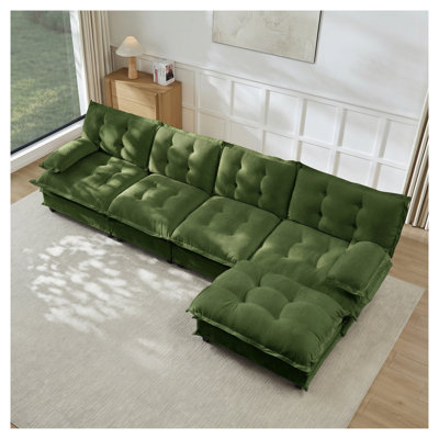 Canapé modulaire en forme de L 138 po en chenille verte avec repose-pieds 4 places et canapé profond pour appartement