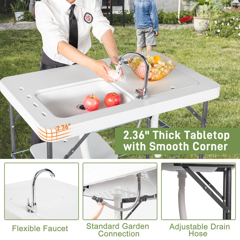 White and Black Folding Outdoor Fish Cleaning Table with Sink