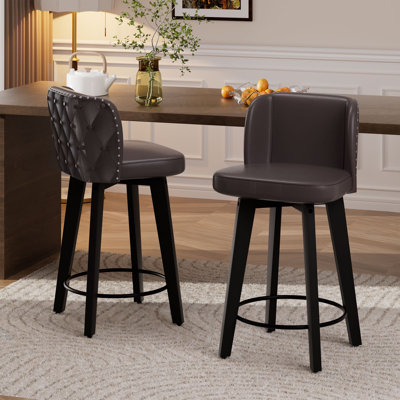 Brown Swivel Bar Stools Set of 2, 27.5" PU Leather Seat with Tufted Back, Solid Wood Legs, Counter Height Bar Chairs for Kitchen Island, Dining Room, Café